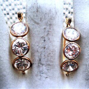 Vintage Designer Retro Solid 14K Yellow Gold Bezel Set CZ Hoop Pierced Earrings